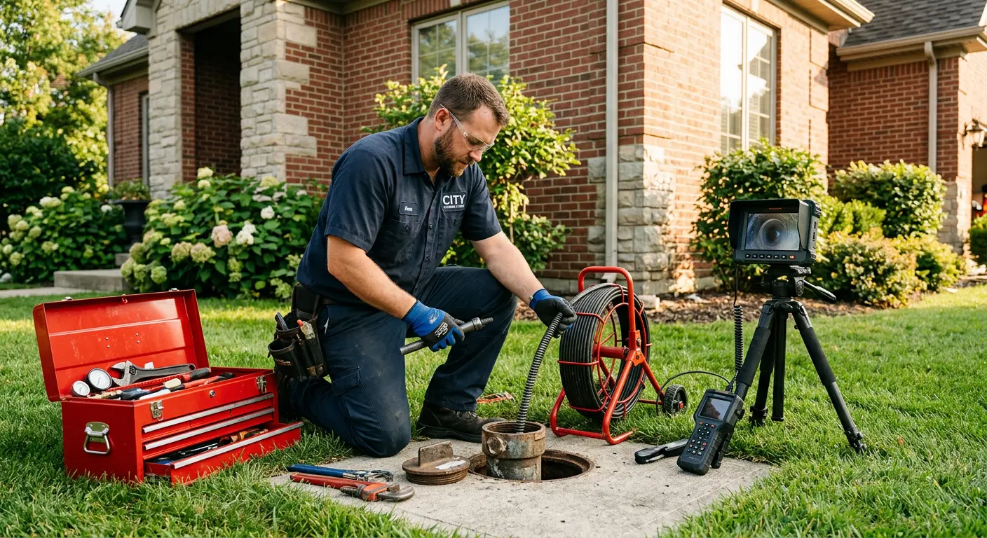 Sewer specialist with camera equipment servicing a cleanout in Upper Hanover