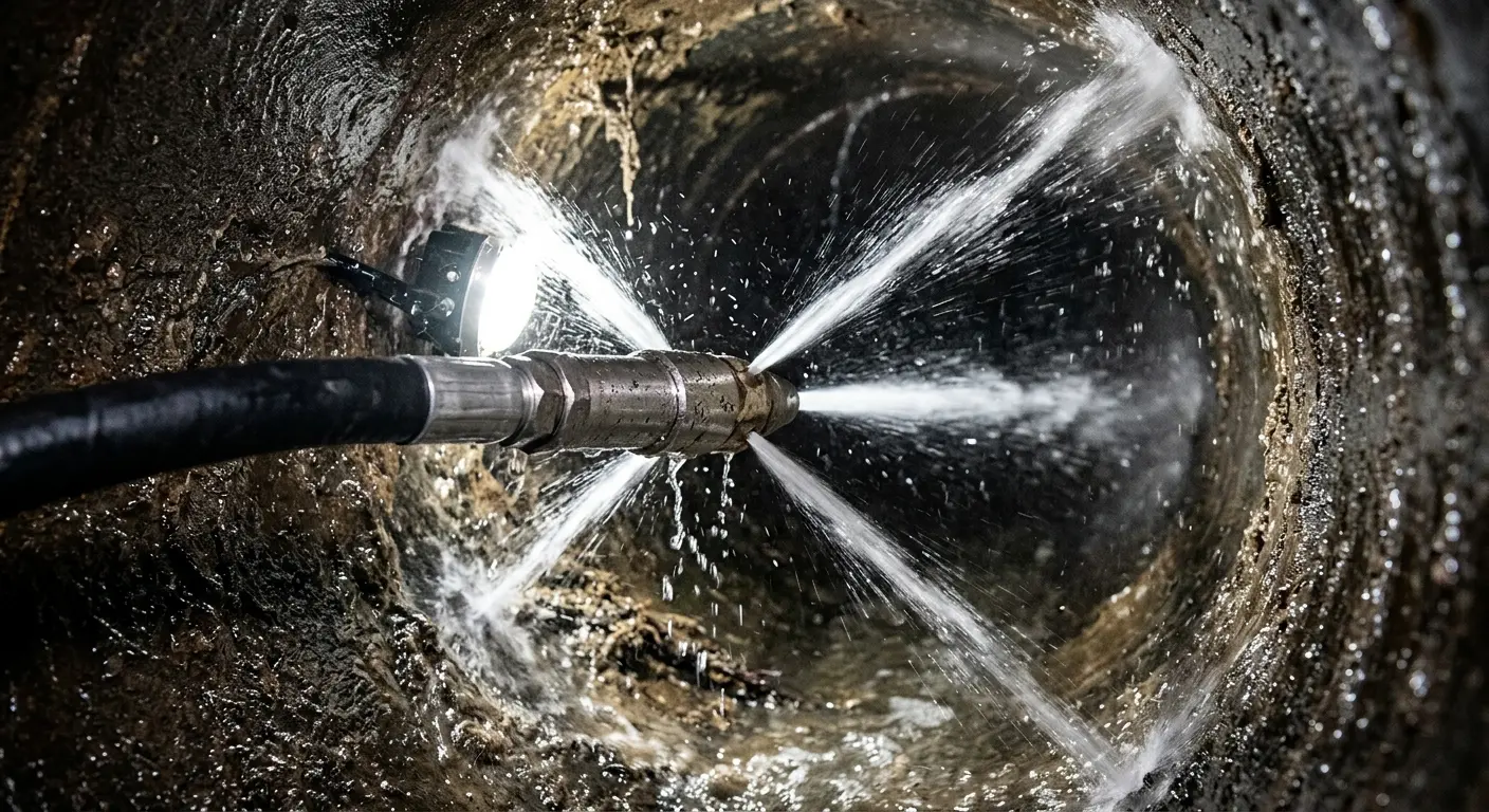 High-pressure hydro jetting nozzle cleaning sewer pipe for Trenchless Sewer Repair in Upper Hanover