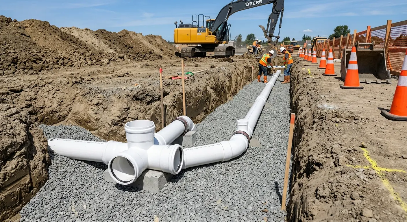 New PVC sewer pipe installation in open trench for Commercial Drain Cleaning in Upper Hanover