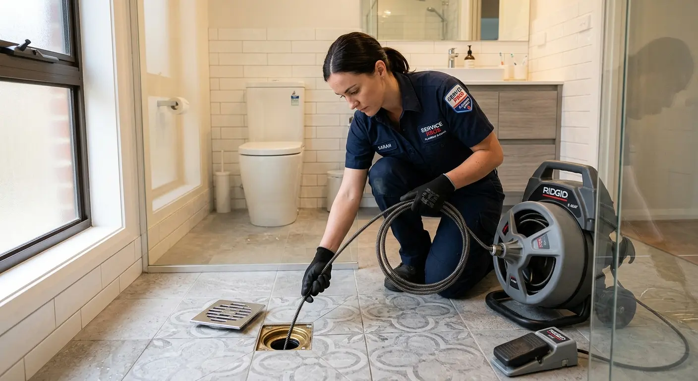 Technician clearing a bathroom floor drain for Clogged Drain Repair in Upper Hanover